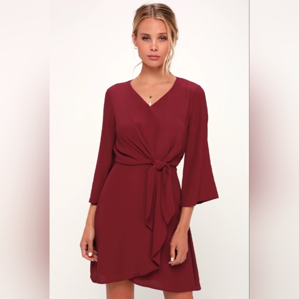 NWT Lulu's Claremont Burgundy Tie-Front Three-Quarter Sleeve Dress Size Small